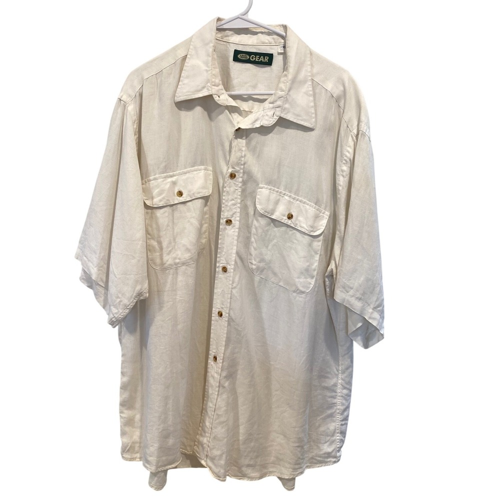 Vintage Land Rover Gear Mens XL 100% Linen Short Shirt Safari Off White Cream